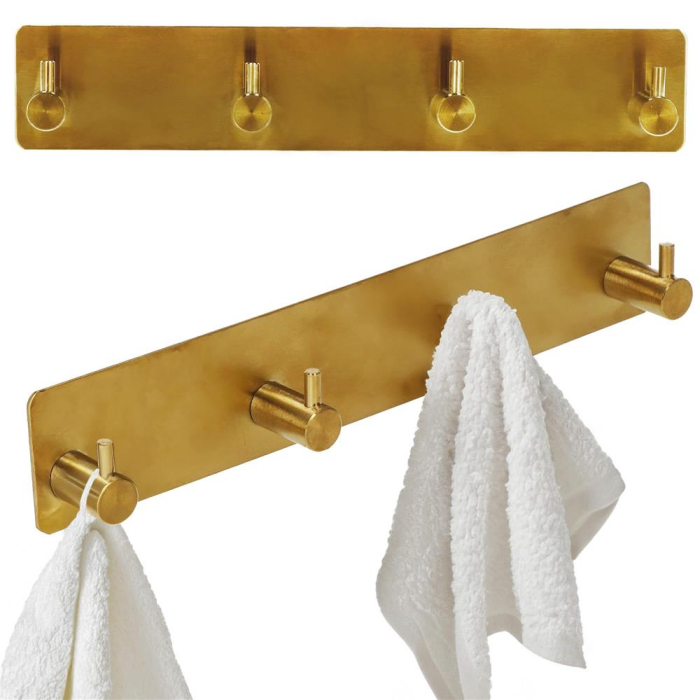 Cuier de baie pentru prosoape, montare fara gaurire, otel, 4 agatatori, 24x4.5cm, auriu [4]