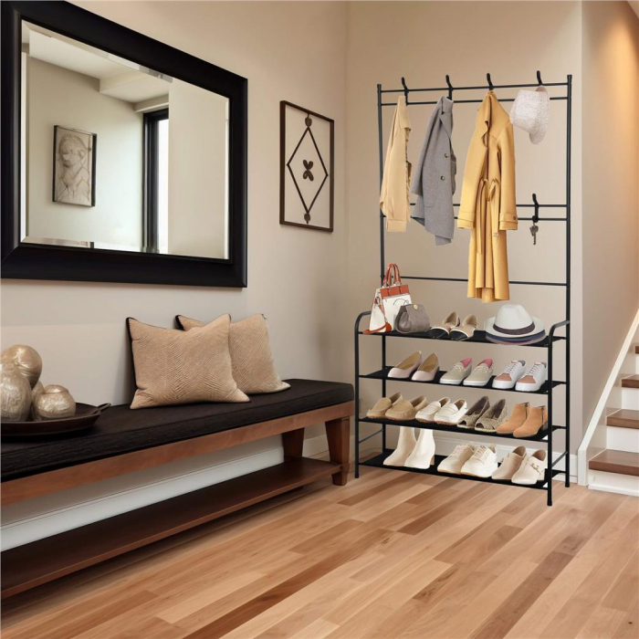 Cuier pentru haine cu banc de depozitare pantofi pe 4 polite, cadru metalic, 25x80x150cm, negru [9]