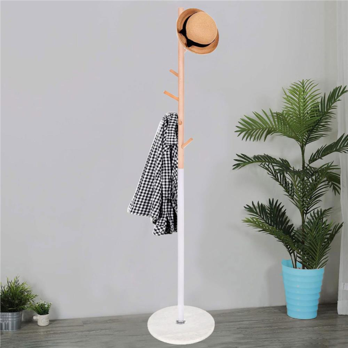 Cuier tip pom din metal, baza marmura, 6 agatatoare, 172cm, alb si maro [7]