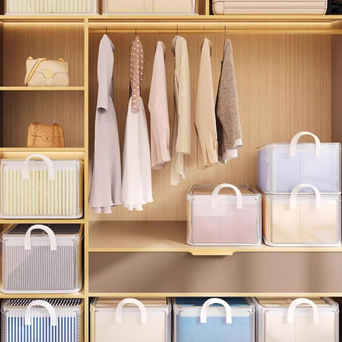 Cutie container de depozitare din PVC, , de stocare, Dimensiuni multiple, Accesoriu robust pentru organizarea de uz casnic, volum 26L, 47 x 28 x 20 cm, Transparenta [3]