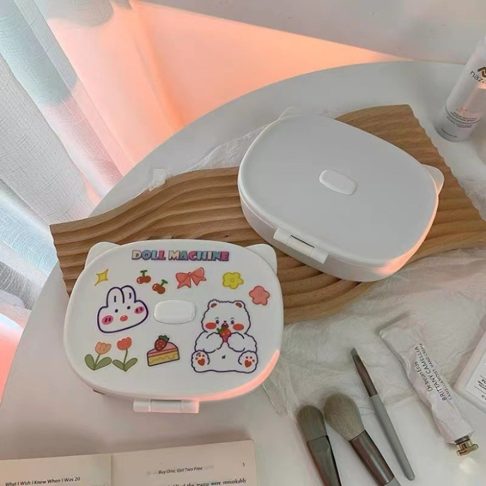 Cutie cu Oglinda, Model Pisica, , 4 Compartimente, Cutie de Depozitare a Machiajelor si Accesoriilor, Oglinda de Machiaj, 17x13x6cm, Alb [5]