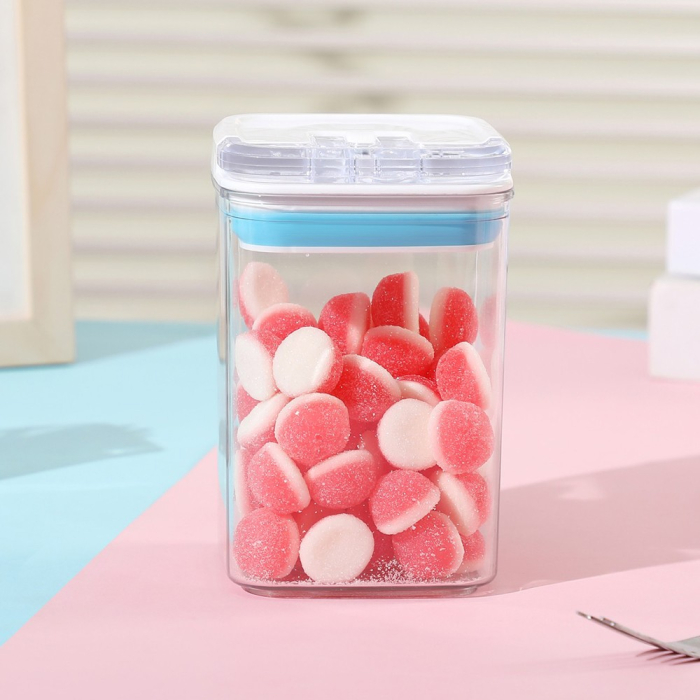 Cutie de Depozitare Alimente, , tip Container, 0.8L, 10x10x15.5 cm, Recipiente pentru Cereale in Bucatarie, Transparente cu Capac Alb-Albastru [3]