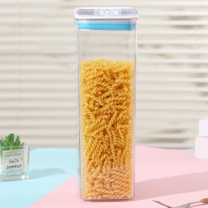 Cutie de Depozitare Alimente, , tip Container, 1.9L, 10x10x30.5 cm, Recipiente pentru Cereale in Bucatarie, Transparente cu Capac Alb-Albastru [2]