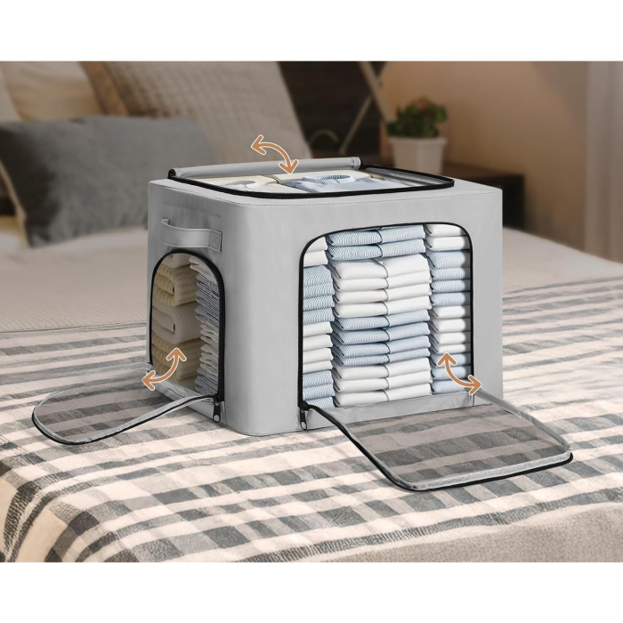 Cutie de Depozitare, , cu 3 Ferestre cu Fermoar Bidirectional, Cadru din Otel, Impermeabil, 38L, 42 x 30 x 30 cm, Gri [2]