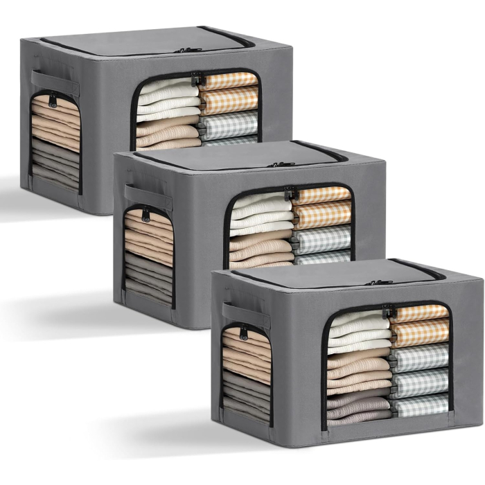 Cutie de Depozitare, , cu 3 Ferestre cu Fermoar Bidirectional, Cadru din Otel, Impermeabil, 38L, 42 x 30 x 30 cm, Gri Inchis [3]