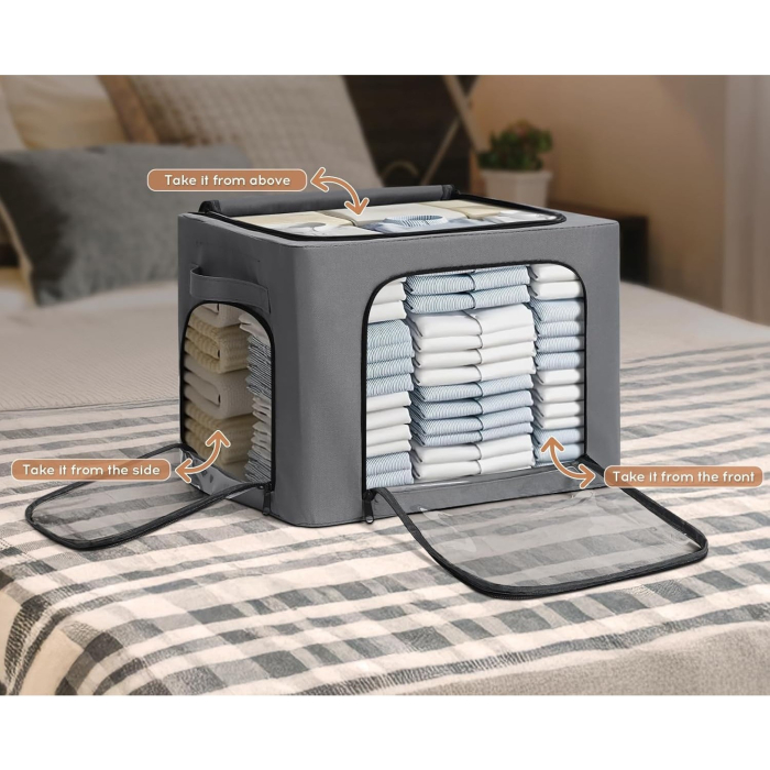 Cutie de Depozitare, , cu 3 Ferestre cu Fermoar Bidirectional, Cadru din Otel, Impermeabil, 38L, 42 x 30 x 30 cm, Gri Inchis [4]