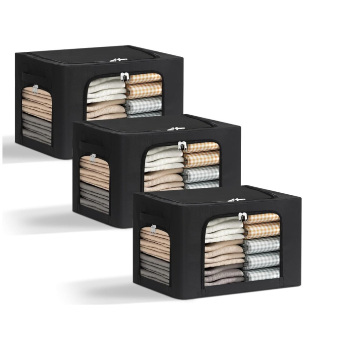 Cutie de Depozitare, , cu 3 Ferestre cu Fermoar Bidirectional, Cadru din Otel, Impermeabil, 38L, 42 x 30 x 30 cm, Negru [8]
