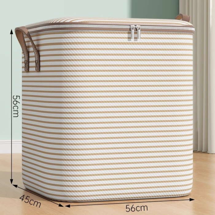 Cutie de Depozitare cu Fermoar, , Pliabila, Maner Ranforsat, Fermoar Rezistent, pentru Haine, Paturi, Plapume, Perne, Lenjerii de Pat, Jucarii, 56x45x56 cm, 150 Litri, in Dungi, Bej [2]