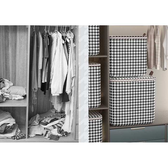 Cutie de Depozitare cu Fermoar, , Pliabila, Maner Ranforsat, Fermoar Rezistent, pentru Haine, Paturi, Plapumi, Perne, Lenjerii de Pat, Jucarii, 56x45x56 cm, 140 Litri, in Carouri, Alb-Negru [8]