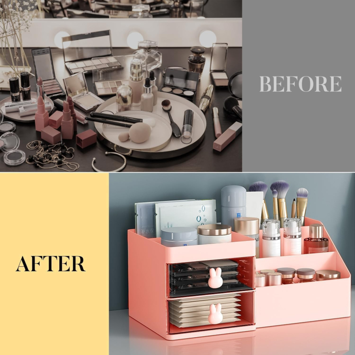 Cutie de Depozitare pentru Birou, , Pentru Makeup, Papetarie, Organizator Cosmetice, 2 Sertare si Compartimente Multiple, Model Iepuras, Plastic, 27.5x15.5x12 cm, Roz [8]