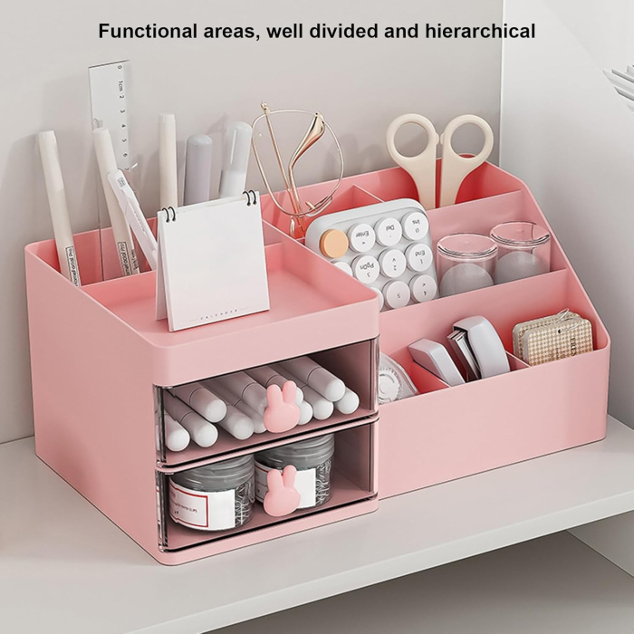 Cutie de Depozitare pentru Birou, , Pentru Makeup, Papetarie, Organizator Cosmetice, 2 Sertare si Compartimente Multiple, Model Iepuras, Plastic, 27.5x15.5x12 cm, Roz [3]