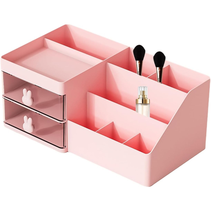 Cutie de Depozitare pentru Birou, , Pentru Makeup, Papetarie, Organizator Cosmetice, 2 Sertare si Compartimente Multiple, Model Iepuras, Plastic, 27.5x15.5x12 cm, Roz [5]