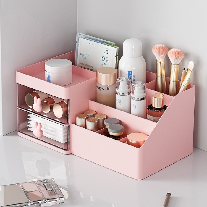 Cutie de Depozitare pentru Birou, , Pentru Makeup, Papetarie, Organizator Cosmetice, 2 Sertare si Compartimente Multiple, Model Iepuras, Plastic, 27.5x15.5x12 cm, Roz [12]