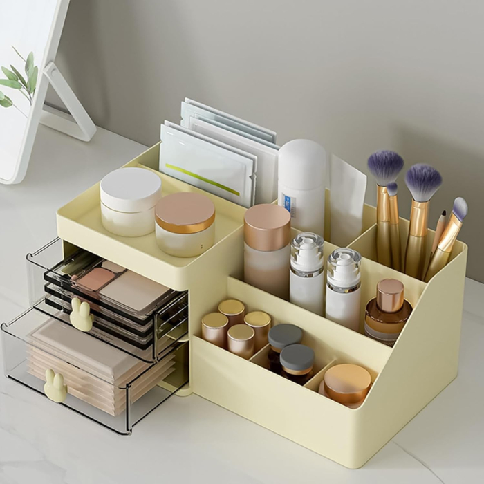 Cutie de Depozitare pentru Birou, , Pentru Makeup, Papetarie, Organizator Cosmetice, 2 Sertare si Compartimente Multiple, Model Iepuras, Plastic, 27.5x15.5x12 cm, Crem [3]