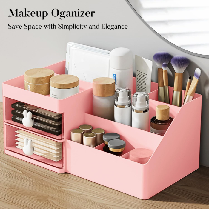 Cutie de Depozitare pentru Birou, , Pentru Makeup, Papetarie, Organizator Cosmetice, 2 Sertare si Compartimente Multiple, Model Iepuras, Plastic, 27.5x15.5x12 cm, Roz [7]