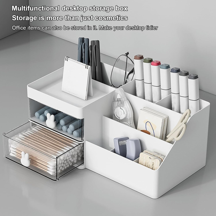 Cutie de Depozitare pentru Birou, , Pentru Makeup, Papetarie, Organizator Cosmetice, 2 Sertare si Compartimente Multiple, Model Iepuras, Plastic, 27.5x15.5x12 cm, Alb [5]