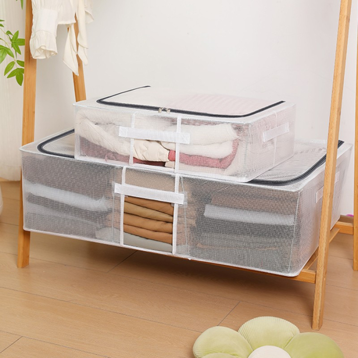 Cutie de Depozitare, , pentru Haine, Incaltaminte, din Plasa PVC Impermeabila si Manere Laterale, Pliabila, Fermoar Bidirectional, 80 x 47 x 24 cm, Transparenta [2]