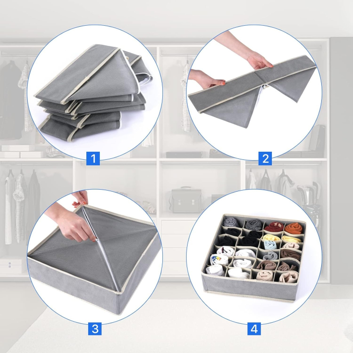 Cutie De Depozitare, , Pentru Lenjerie, Sosete Si Sutiene, Material Textil, 6 Compartimente, 32 x 16 x 10 cm, Culoare Gri [5]