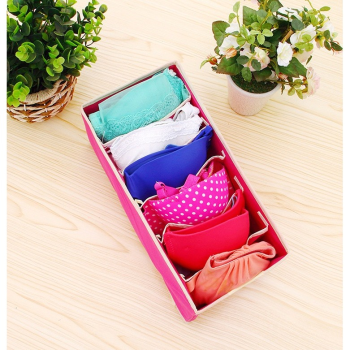 Cutie De Depozitare, , Pentru Lenjerie, Sosete Si Sutiene, Material Textil, 6 Compartimente, 32 x 16 x 10 cm, Culoare Roz [2]
