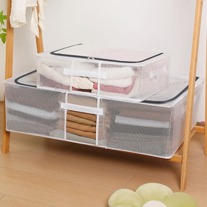 Cutie de Depozitare, , pentru Pantofi Haine, din Plasa PVC Impermeabila si Manere Laterale, Pliabila, Fermoar Bidirectional, 50 x 40 x 15 cm, Transparenta [3]