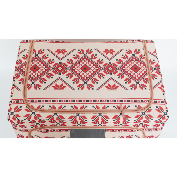 Cutie de Depozitare Pliabila, ,100 L din Bumbac si In, 60X42X40 cm, Fereastra Frontala, 2 Usi de Acces cu Fermoar Bidirectional, Cadru Metalic, Suport Baza Stabil din Plastic, Motiv Traditional Model 2 [2]