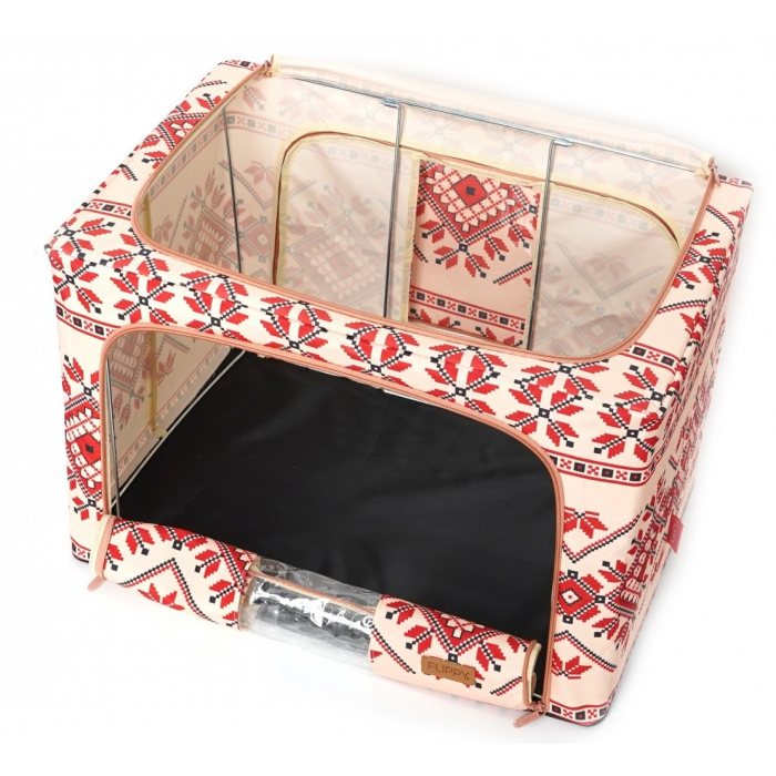 Cutie de Depozitare Pliabila, ,100 L din Bumbac si In, 60X42X40 cm, Fereastra Frontala, 2 Usi de Acces cu Fermoar Bidirectional, Cadru Metalic, Suport Baza Stabil din Plastic, Motiv Traditional Model 2 [6]