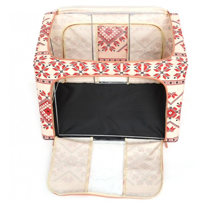 Cutie de Depozitare Pliabila, ,100 L din Bumbac si In, 60X42X40 cm, Fereastra Frontala, 2 Usi de Acces cu Fermoar Bidirectional, Cadru Metalic, Suport Baza Stabil din Plastic, Motiv Traditional Model 2 [7]