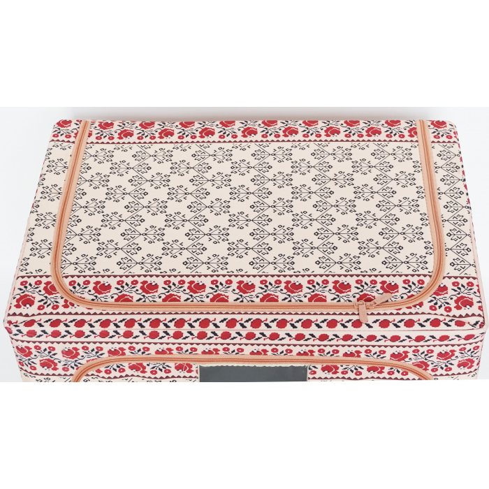Cutie de Depozitare Pliabila, ,100 L din Bumbac si In, 60X42X40 cm, Fereastra Frontala, 2 Usi de Acces cu Fermoar Bidirectional, Cadru Metalic, Suport Baza Stabil din Plastic, Motiv Traditional Model 3 [3]