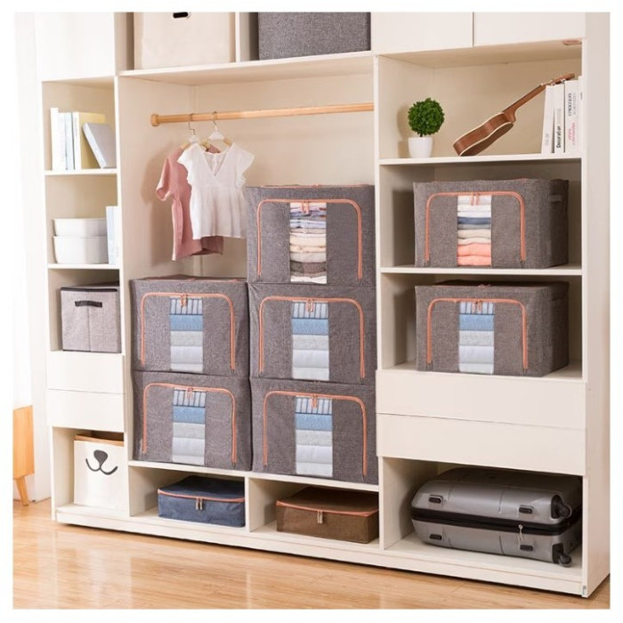 Cutie de Depozitare Pliabila, , 24 L, din Bumbac si In, 40x30x20 cm, 2 Ferestre, Frontala si Laterala, 2 Usi de Acces cu Fermoar Bidirectional, Cadru Metalic, Suport Baza Stabil din Plastic, Gri [4]