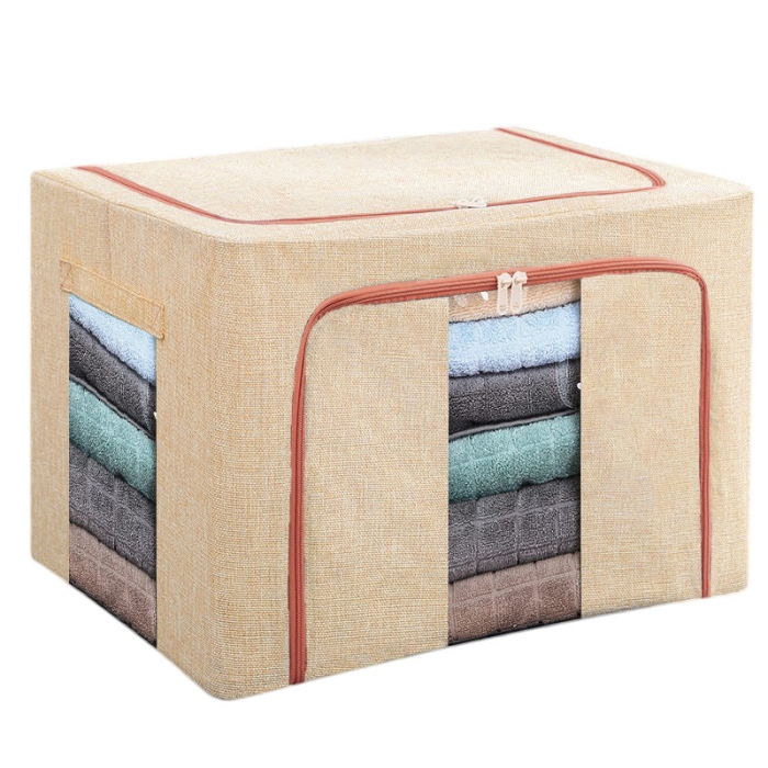 Cutie de Depozitare Pliabila, , 24 L, din Bumbac si In, 40x30x20 cm, 2 Ferestre, Frontala si Laterala, 2 Usi de Acces cu Fermoar Bidirectional, Cadru Metalic, Suport Baza Stabil din Plastic, Bej [10]