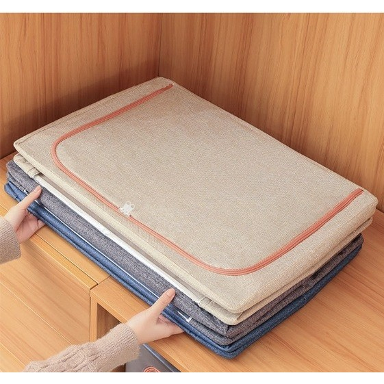 Cutie de Depozitare Pliabila, , 24 L, din Bumbac si In, 40x30x20 cm, 2 Ferestre, Frontala si Laterala, 2 Usi de Acces cu Fermoar Bidirectional, Cadru Metalic, Suport Baza Stabil din Plastic, Bej [3]