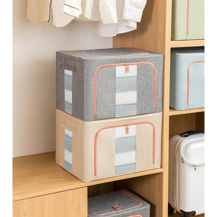 Cutie de Depozitare Pliabila, , 24 L, din Bumbac si In, 40x30x20 cm, 2 Ferestre, Frontala si Laterala, 2 Usi de Acces cu Fermoar Bidirectional, Cadru Metalic, Suport Baza Stabil din Plastic, Bej [9]