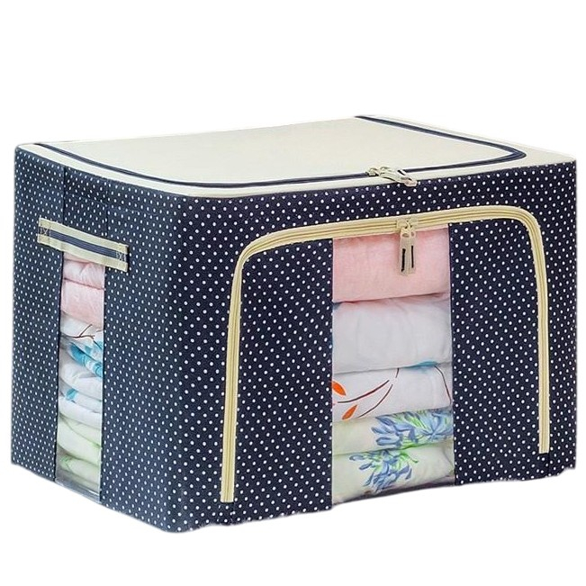 Cutie de Depozitare Pliabila, , 24 L, Panza Oxford, 40x30x20 cm, Fereastra Frontala, 2 Usi de Acces cu Fermoar Bidirectional, Cadru Metalic, Suport Baza Stabil din Plastic, Imprimeu buline, Albastru Marin [2]