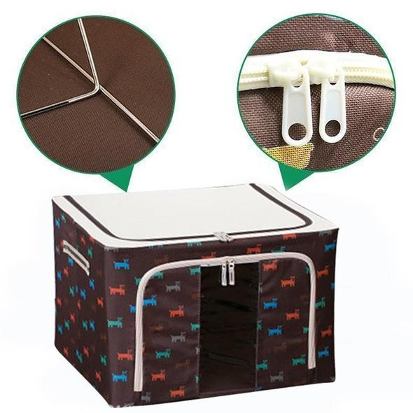 Cutie de Depozitare Pliabila, , 24 L, Panza Oxford, 40x30x20 cm, Fereastra Frontala, 2 Usi de Acces cu Fermoar Bidirectional, Cadru Metalic, Suport Baza Stabil din Plastic, Imprimeu Catelus, Maro/Bej [4]