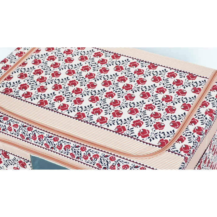 Cutie de Depozitare Pliabila, , 66 L din Bumbac si In, 52 x 42 x 39 cm, Fereastra Frontala, 2 Usi de Acces cu Fermoar Bidirectional, Cadru Metalic, Suport Baza Stabil din Plastic, Motiv Traditional Model 7 [9]