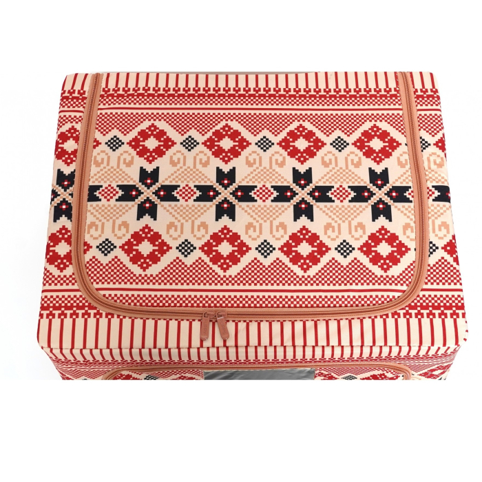 Cutie de Depozitare Pliabila, , 66 L din Bumbac si In, 52 x 42 x 39 cm, Fereastra Frontala, 2 Usi de Acces cu Fermoar Bidirectional, Cadru Metalic, Suport Baza Stabil din Plastic, Motiv Traditional Model 5 [7]