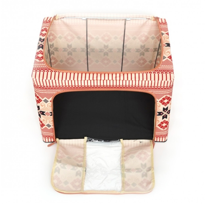 Cutie de Depozitare Pliabila, , 66 L din Bumbac si In, 52 x 42 x 39 cm, Fereastra Frontala, 2 Usi de Acces cu Fermoar Bidirectional, Cadru Metalic, Suport Baza Stabil din Plastic, Motiv Traditional Model 5 [4]