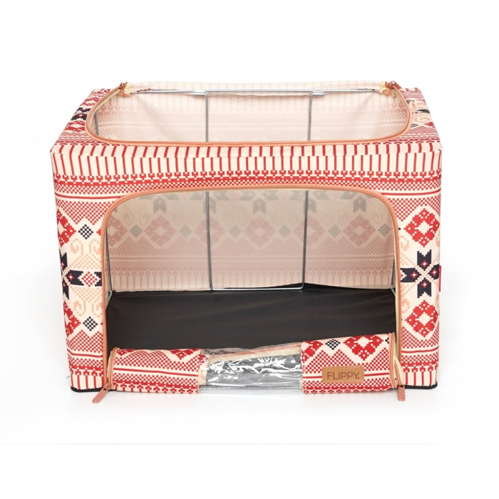 Cutie de Depozitare Pliabila, , 66 L din Bumbac si In, 52 x 42 x 39 cm, Fereastra Frontala, 2 Usi de Acces cu Fermoar Bidirectional, Cadru Metalic, Suport Baza Stabil din Plastic, Motiv Traditional Model 5 [5]