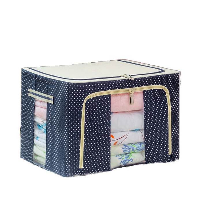 Cutie de Depozitare Pliabila, , 66 L, din Panza Oxford, 50x40x33 cm, 2 Ferestre, Frontala si Laterala, 2 Usi de Acces cu Fermoar Bidirectional, Cadru Metalic, Suport Baza Stabil din Plastic, Imprimeu Buline, Albastru Marin [4]