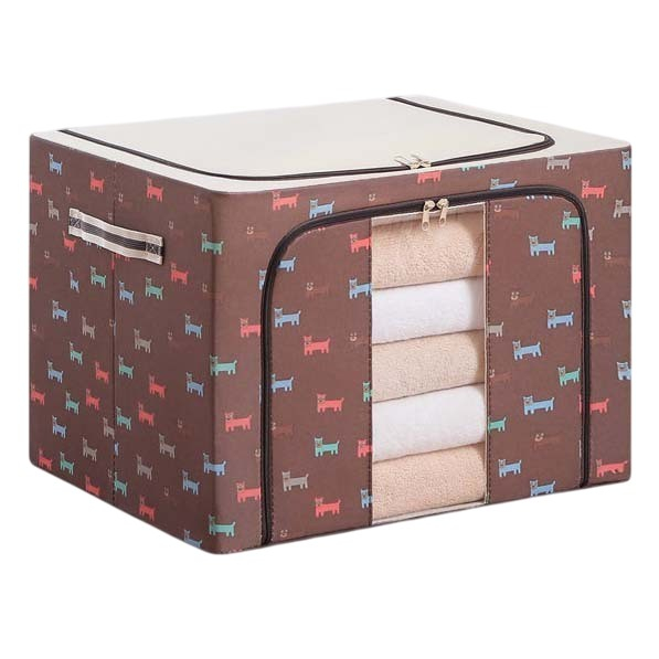 Cutie de Depozitare Pliabila, , 66 L, din Tesatura Oxford, 50x40x33 cm, Fereastra Frontala, 2 Usi de Acces cu Fermoar Bidirectional, Cadru Metalic, Suport Baza Stabil din Plastic, Imprimeu Catelusi, Maro [6]