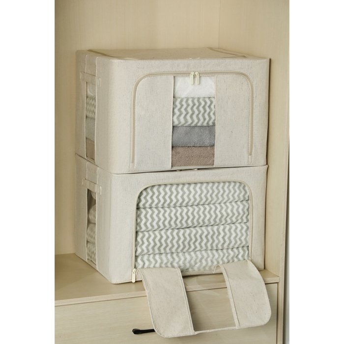 Cutie de Depozitare Pliabila, , Cu Fereastra si Fermoar Dublu, 66 L, Textil Premium, 50x40x33 cm, Cadru Metalic, Impermeabila, Alb Texturat [3]