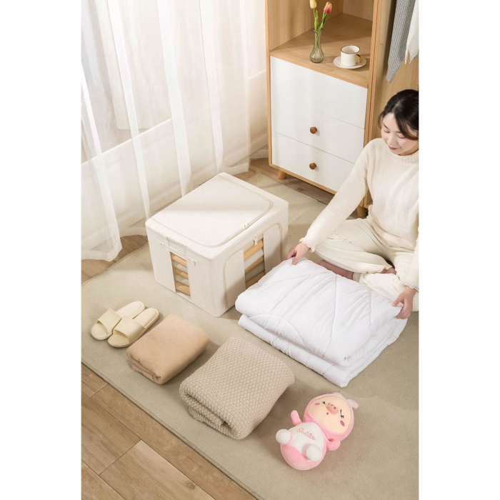 Cutie de Depozitare Pliabila, , Cu Fereastra si Fermoar Dublu, 66 L, Textil Premium, 50x40x33 cm, Cadru Metalic, Impermeabila, Bej [35]