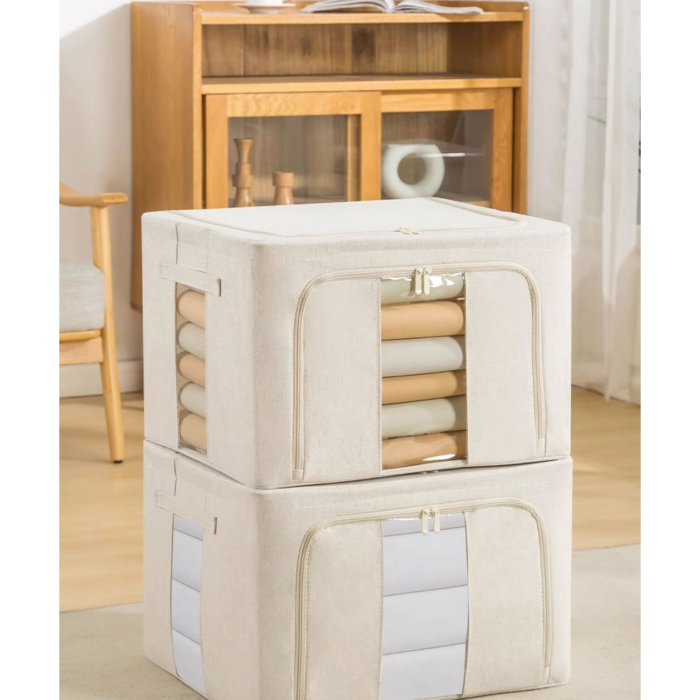 Cutie de Depozitare Pliabila, , Cu Fereastra si Fermoar Dublu, 66 L, Textil Premium, 50x40x33 cm, Cadru Metalic, Impermeabila, Bej [28]