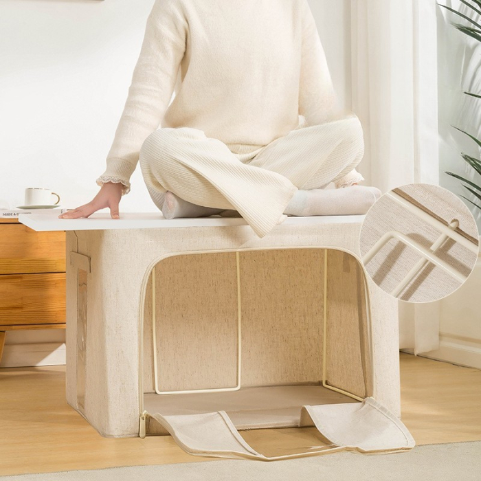 Cutie de Depozitare Pliabila, , Cu Fereastra si Fermoar Dublu, 66 L, Textil Premium, 50x40x33 cm, Cadru Metalic, Impermeabila, Bej [22]