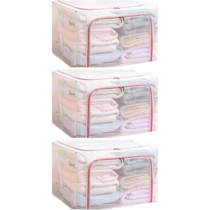 Cutie de Depozitare Pliabila, , Cu Fereastra si Fermoar Dublu Rosu, 66 L, Textil, 50x40x33 cm, Cadru Metalic, Impermeabila, Transparent [4]