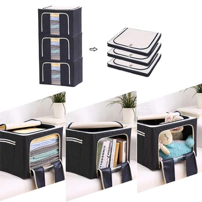 Cutie de Depozitare Pliabila, , Cu Fermoar, 100 L, Textil, 60x42x40 cm, Albastru Marin, Cadru Metalic, Suport Baza Stabil din Plastic, Imprimeu buline [7]