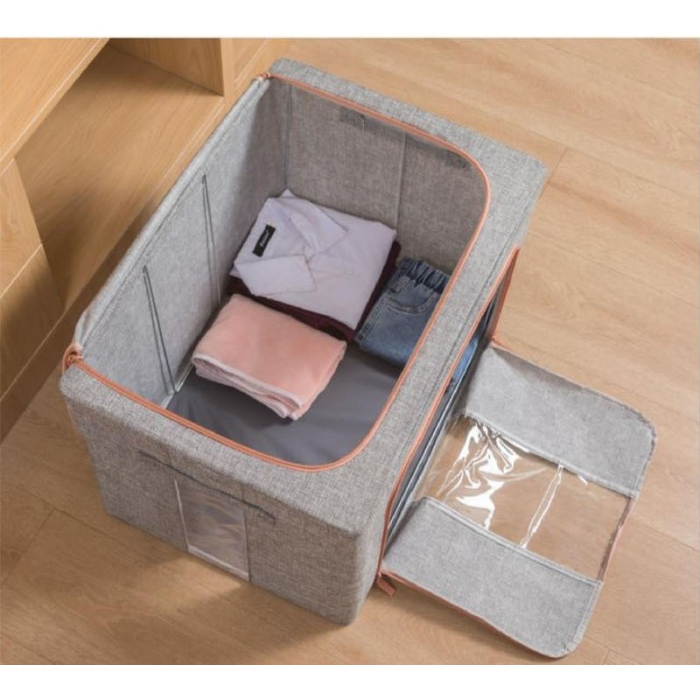 Cutie de depozitare pliabila, , Cu fermoar, 100 L, Textil, 60x42x40 cm, Cadru Metalic, Suport Baza Stabil din Plastic, Gri [5]