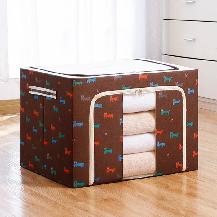 Cutie de Depozitare Pliabila, , cu Fermoar, 100 L, Textil, 60x42x40 cm, O Fereastra, Cadru Metalic, Suport Baza Stabil din Plastic, Imprimeu Catelusi, Maro [2]