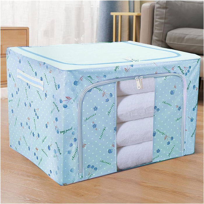 Cutie de Depozitare Pliabila, , Cu Fermoar, 66 L, Textil, 50x40x33 cm, cu 2 Ferestre, Cadru Metalic, Suport Baza Stabil din Plastic, Imprimeu Cirese, Albastru [3]