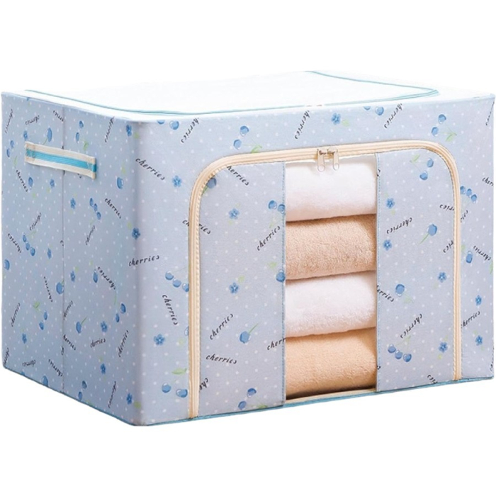 Cutie de Depozitare Pliabila, , Cu Fermoar, 66 L, Textil, 50x40x33 cm, cu 2 Ferestre, Cadru Metalic, Suport Baza Stabil din Plastic, Imprimeu Cirese, Albastru [4]
